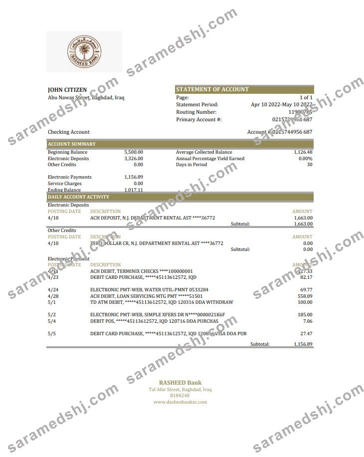 Iraq Rasheed Bank statement xls